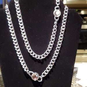 Silver link and crystal long necklace